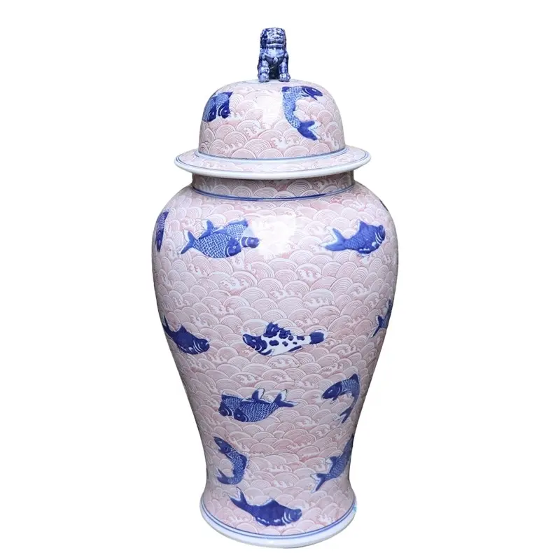 RYLU175-G Shengjiang traditional blue and white fish pattern home decor luxury ceramic storage jar