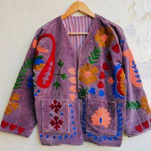 Suzani เสื้อโค้ทกำมะหยี่อินเดียสำหรับผู้หญิงเสื้อคลุมโบฮีเมียนผ้าฝ้ายปักลายสัตว์สำหรับฤดูหนาว - Product Image 5