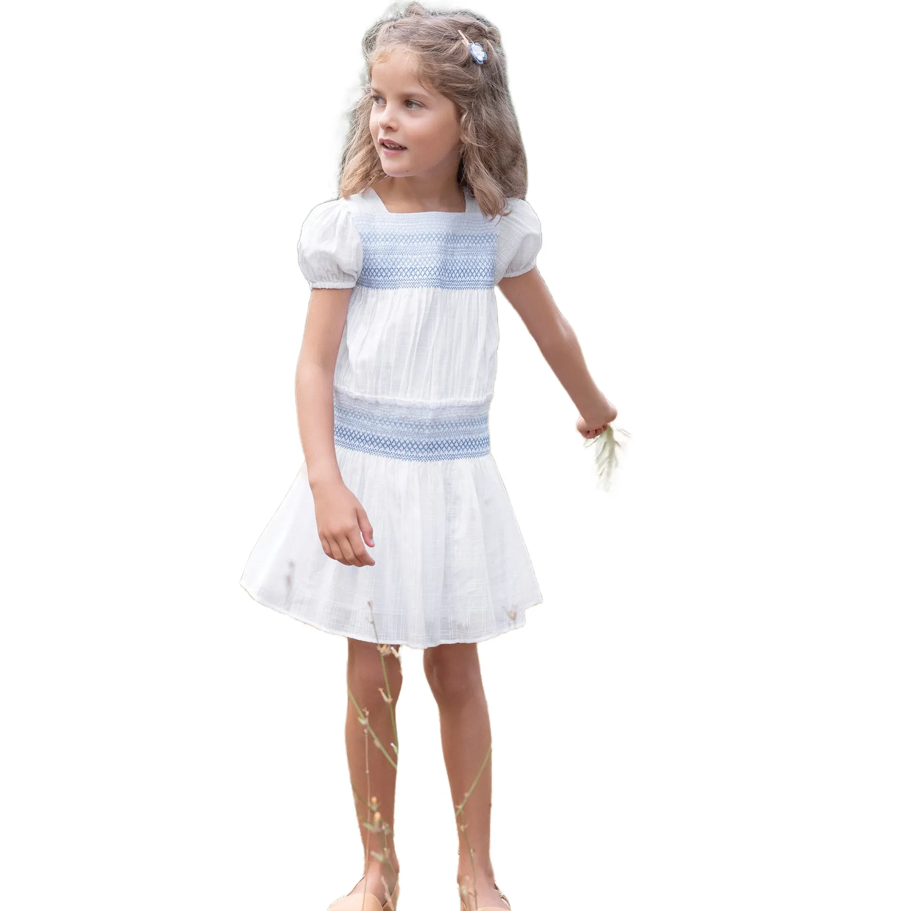 Guangzhou Custom Summer O-Neck Dress Girls Teens Age Group Children White Color Woven Fabric Solid Puffy Sleeve Smocked