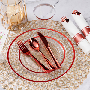 Set di Stoviglie Monouso da 175 Pezzi, <span class=keywords><strong>Piatti</strong></span> e Bicchieri in Plastica Trasparente con Bordo Rosso, Posate Resistenti per Natale e Matrimoni - Product Image 5