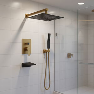 Juego de Baño con Sistema de Ducha de 12 Pulgadas en Negro Mate y Dorado Cepillado, con Cabezal de Ducha Manual, Diseño Moderno - Product Image 2