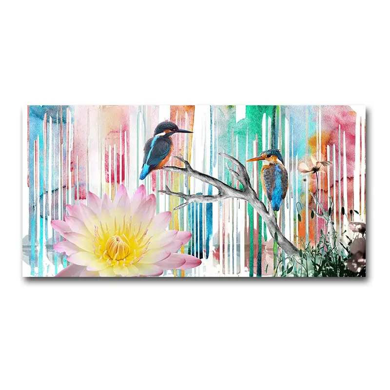 Hand Painted Flower Two Bird Landing on the Branch Canvas Wall Oil Painting