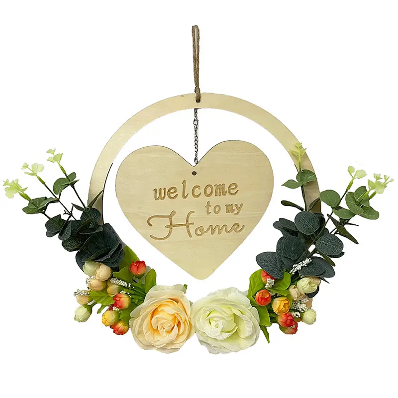Couronne de fleurs artificielles suspendue, décoration de bienvenue à la maison, en forme de cœur, en bois, pour le printemps, pour la maison, nouvel arrivage de