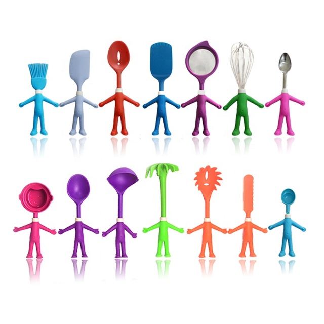 14-Piece Funny Boys Shape Silicone & Nylon Kids Kitchen Utensil Set Child Cooking Baking Tool Gadgets