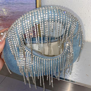 半月形流浪汉牛仔裤手提包牛仔流苏水钻手提包水钻流苏钱包女女士饺子月牙手包 - Product Image 6