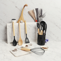 Ensemble de 12 Ustensiles de Cuisine Écologiques avec Manches en Bois et Spatules en Silicone, Sans Danger pour les Aliments, Résistant au Micro-Ondes