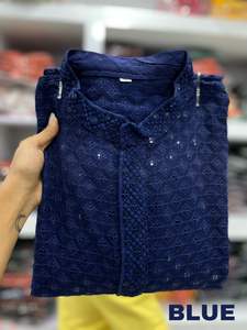 14 kg Heavy Rayon Chikan Work Tradicional Chikan Work Kurta con pijama para todas las ocasiones hermosas Conjunto de pijama Kurta para hombre - Product Image 5