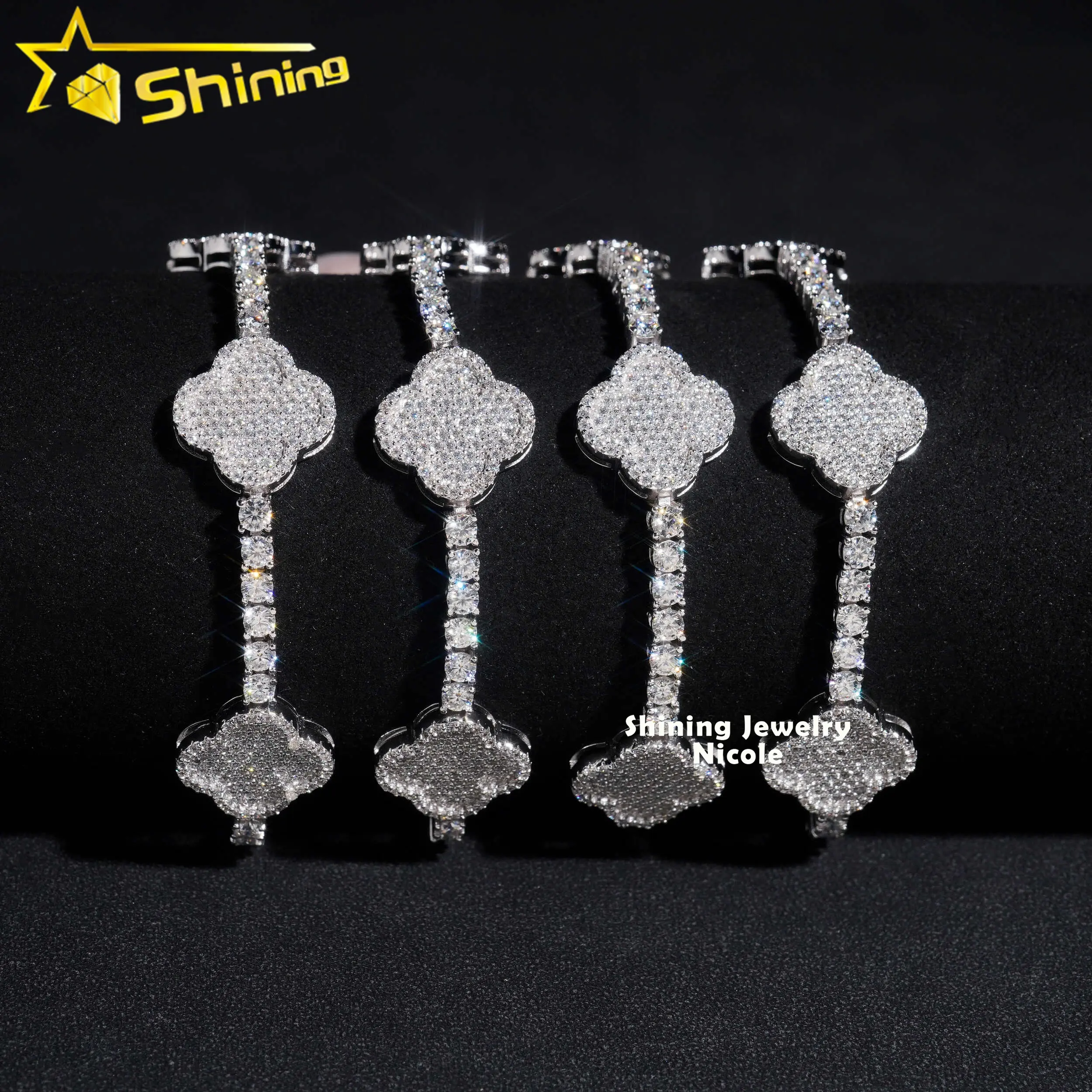New Arrivals Popular 3MM Tennis Chain 925 Sterling Silver Iced Out Moissanite Clover Tennis Bracelet