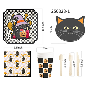 DAMAI Happy Halloween Paper Plates Set Halloween Cat Theme Party Decorations Paper Plates Cups Napkins for Kids Halloween Party - Product Image 5
