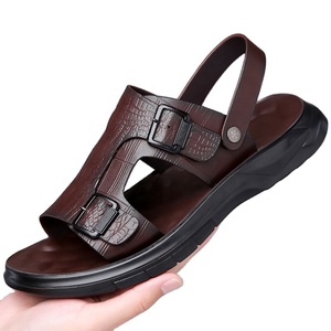 Sandalias Planas de Cuero Genuino para Hombre, Punta Abierta, Suela de Goma, Casuales, Cómodas, Transpirables, Antideslizantes, con Estampado de Leopardo, para Playa - Product Image 1