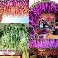 Fleurs artificielles de glycine en gros, guirlandes suspendues en plastique pour la décoration de mariages et de plafonds