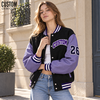 Blousons Bomber Varsity Femme Colorblock Broderie Appliquée Patchwork Coutures Décoratives Boutons Pression Poignets et Ourlets Côtelés Streetwear