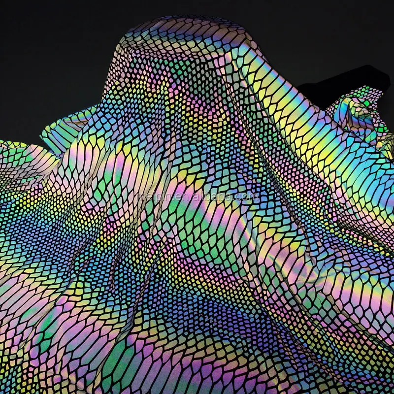Tela elástica reflectante de poliéster elástico arcoíris tejido de Spandex reflectante con estampado de serpiente para ropa