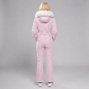 Ensemble de Combinaison de Ski Hiver Femme AQTQ avec Ceinture, Coupe Ajustée, Style Jambe Évasée, Capuche Bordée de Fausse Fourrure, Blanc - Product Image 2