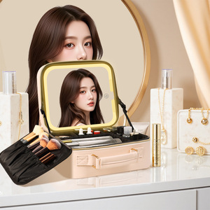 Estuche de maquillaje a cuadros con espejo y luz, organizador de cosméticos de gran capacidad para almacenamiento en el hogar, cierre de cremallera, diseño a cuadros - Product Image 2