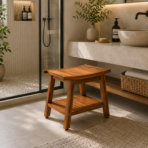 Tabouret de salle de bain moderne, durable et écologique, design peu encombrant, banc de douche en rotin et bois, multi-usage pour appartement - Product Image 2