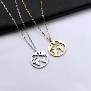 High Quality Gold Stainless Steel Jewelry For Women Necklace Coin Pendant Jewelry Necklace World Map Globe Hollow Necklace