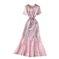 Robe midi élégante d'été à manches courtes en dentelle et strass à taille haute pour femmes