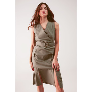 Robe portefeuille avec détail ceinture à nouer en kaki - Product Image 1