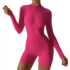 Kadın uzun kollu ön Zippwe Unitard karın kontrol Bodysuit Yoga şort tulum tek parça spor Romper