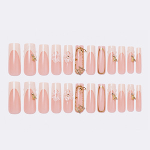 Uñas Postizas Modernas con Diseño Floral 3D y Líneas Doradas de Mariposa, 24 Piezas, Uñas Francesas con Punta en Forma de Bailarina, Uñas Postizas para Regalo, Arte de Uñas - Product Image 3