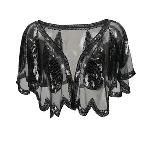 Châle pour <span class=keywords><strong>femme</strong></span> style années 20, Art Déco, à sequins et perles, Cape de soirée, Boléro, à devant ouvert, ourlet festonné, style Flapper - Product Image 5