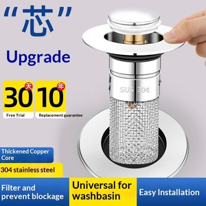 Bonde de lavabo universelle escamotable avec filtre à cheveux en acier inoxydable, à ressort, anti-odeur, design moderne - Product Image 5