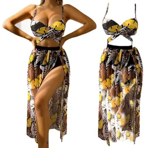 Custom Wholesale Women Sexy Three Pieces Tops Bottoms and Floral Cover-ups Or Two Pieces V Neck Summer Beach Dress Swimsuit 2024