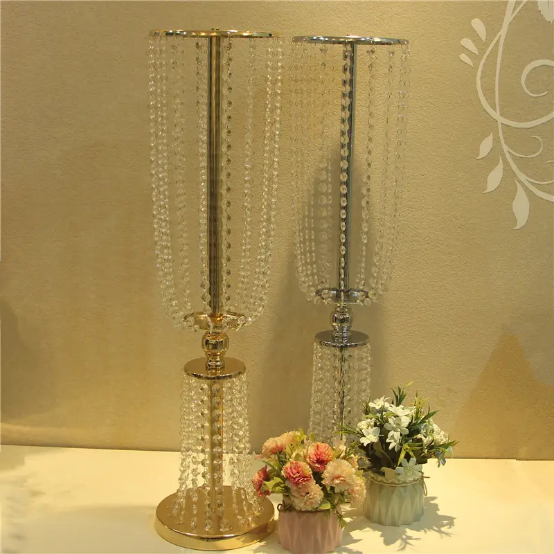 Suportes para mesas retangulares altas de metal dourado, vasos de flores e decoração, peças centrais de casamento