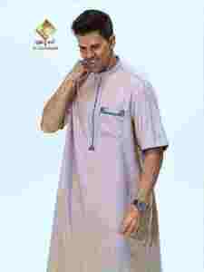 Al Haramain <b>Men</b> <b>Thobe</b> Stand Collar Short Sleeve Cotton Prayer Wear Floor Length Solid Color Modest Style - Product Image 4