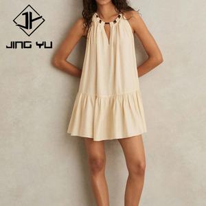 Design Resort Style Slit Neckline Pleated Cream-colored Backless Beach <b>Cover</b>-up Skirt Custom Viscose Fiber <b>Dress</b> - Product Image 1