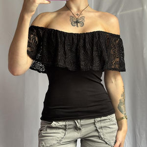 Camiseta de punto con ribete de encaje para mujer, manga corta, cuello redondo, estilo callejero Y2K, camiseta informal de verano para mujer - Product Image 4