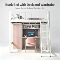 Lit superposé double en acier avec bureau et escalier, mobilier industriel pour dortoir scolaire, appartement ou adulte, avec placard et bureau intégrés
