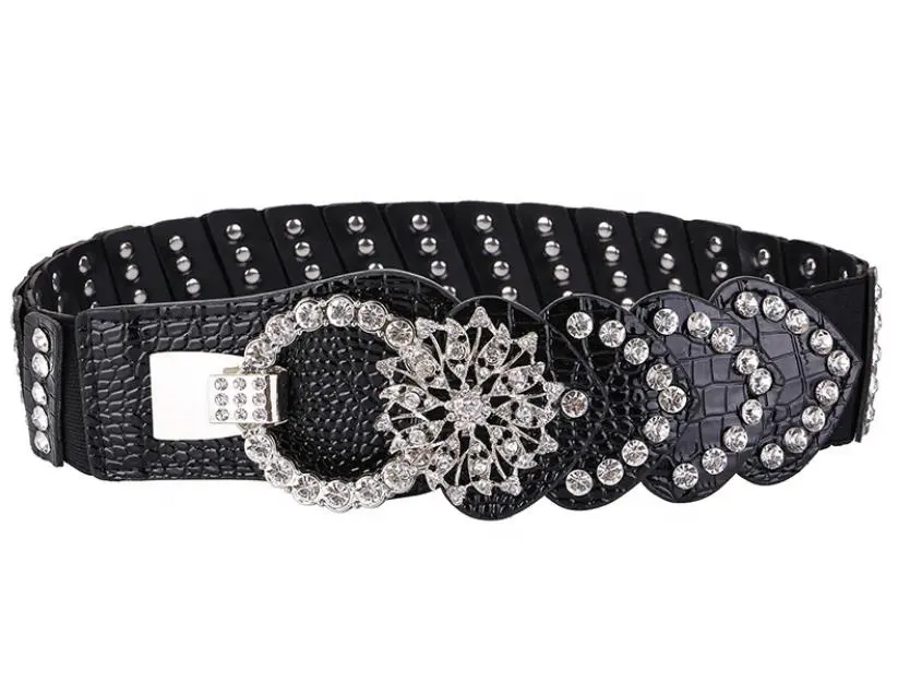 Custom Ladies Luxury Western Leather Designer Stretch Waist Fashion Rhinestone Women Elastic Belt