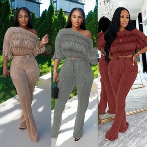 Ensembles deux pièces solides pour femmes, hauts courts à manches longues et col rond, pantalons taille haute amincissants, <span class=keywords><strong>ensemble</strong></span> <span class=keywords><strong>chic</strong></span>, mode féminine, ensembles deux pièces - Product Image 2