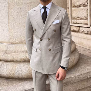 Nouveau costume pour <span class=keywords><strong>homme</strong></span>, blazer en polyester beige à fines rayures, silhouette moderne, tenue professionnelle sur mesure pour les conférences d'investissement du printemps - Product Image 3