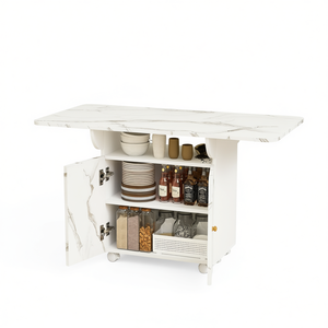 Mesa de comedor plegable de madera de 47 pulgadas con tablero de mármol blanco, gabinete de almacenamiento y ruedas, diseño moderno para muebles del hogar - Product Image 1