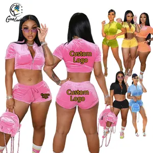 Tùy Chỉnh Rhinestone Logo Tracksuit Ngắn Tay Áo Với Zip Áo Khoác Quần Short Bộ Nhung Vải Mùa Hè Trang Phục Của Phụ Nữ Hai Mảnh Thiết Lập