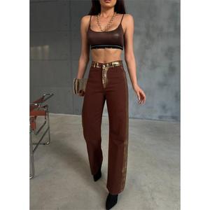Pantalon palazzo en gabardine marron taille haute à jambes larges pour femme - Product Image 3