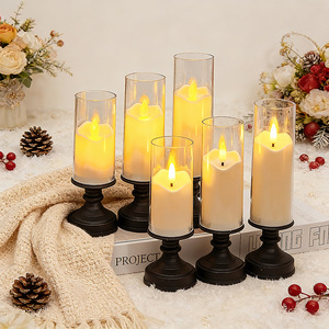 Bougie cylindrique LED coupe-vent, bougie en cire à flamme vacillante simulée avec base en métal pour cheminée de Noël - Product Image 1