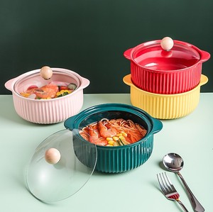 Vaisselle mate Bol à soupe aux nouilles Ramen en céramique avec couvercles de couverture Couleur Glaçure Deux oreilles Bols à bulles - Product Image 4