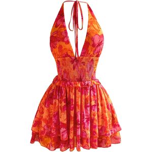 Women's Floral Halter Mini <b>Dress</b> <b>Elastic</b> Waist A-Line Sleeveless Summer Vacation Sundress - Product Image 1