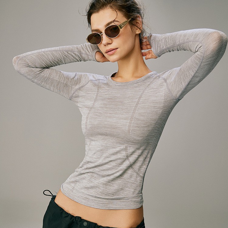 Cross-Border Autumn Quick-Drying Nylon Stripes Long-Sleeve Women's Sports Running Fitness Slim-Fit Seamless Yoga Wear Top