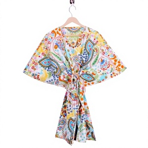 Vestido Kaftán Midi de Algodón 100% Puro para Mujer, Cuello en V, Manga Corta, Estampado Floral Bohemio, Ecológico, con Volantes, Ropa de Playa Natural - Product Image 1