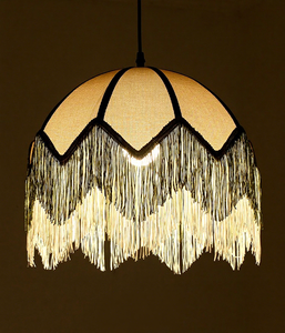 Lampe suspendue vintage française en lin vert avec pompons, LED blanc chaud, intensité réglable, faisceau à 360°, pour chambre, salon, salle à manger - Product Image 6