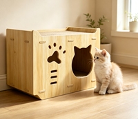 Nichoir pour chat en bois massif avec découpe tête de chat et empreinte de patte, à assembler par perforation, grotte cachée ventilée, pour intérieur
