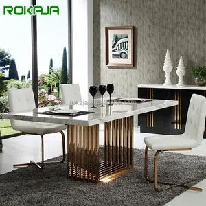 Conjunto de mesa retangular de mármore, cadeiras modernas de sala de jantar de mármore, moldura rosa dourada, sala de jantar, sala de jantar, cadeiras em formato de u