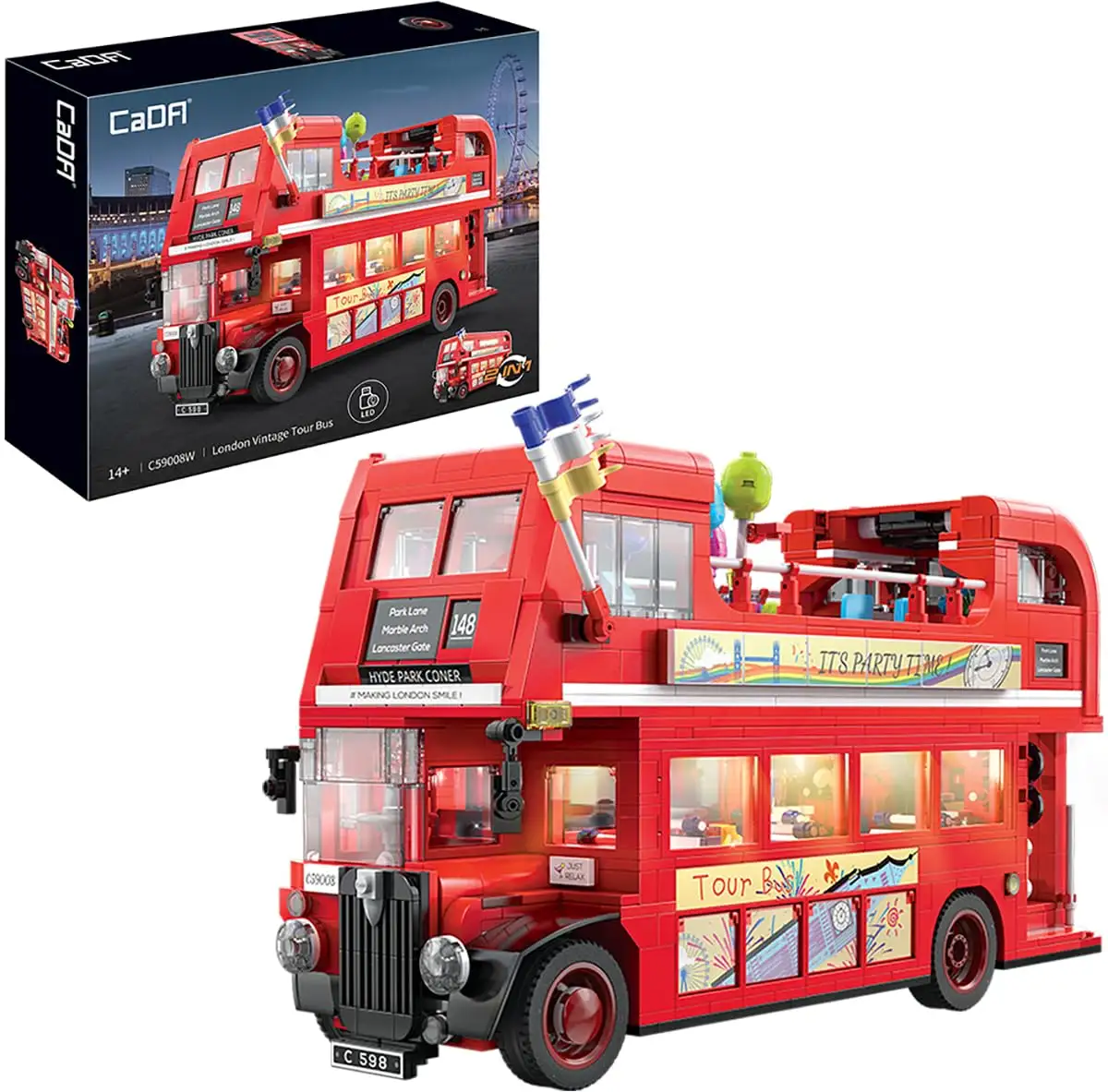 CADA C59008 सिटी लंदन डबल-डेकर विंटेज टूर बस बिल्डिंग ब्लॉक किट लाइट टेक्निकल कार ईंटों के साथ बच्चों के लिए खिलौने उपहार
