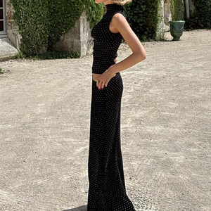 Ensemble haut à col roulé à pois pour femmes, 2 pièces, en mousseline de soie, longueur entière, élégant, tenue printemps-été - Product Image 3