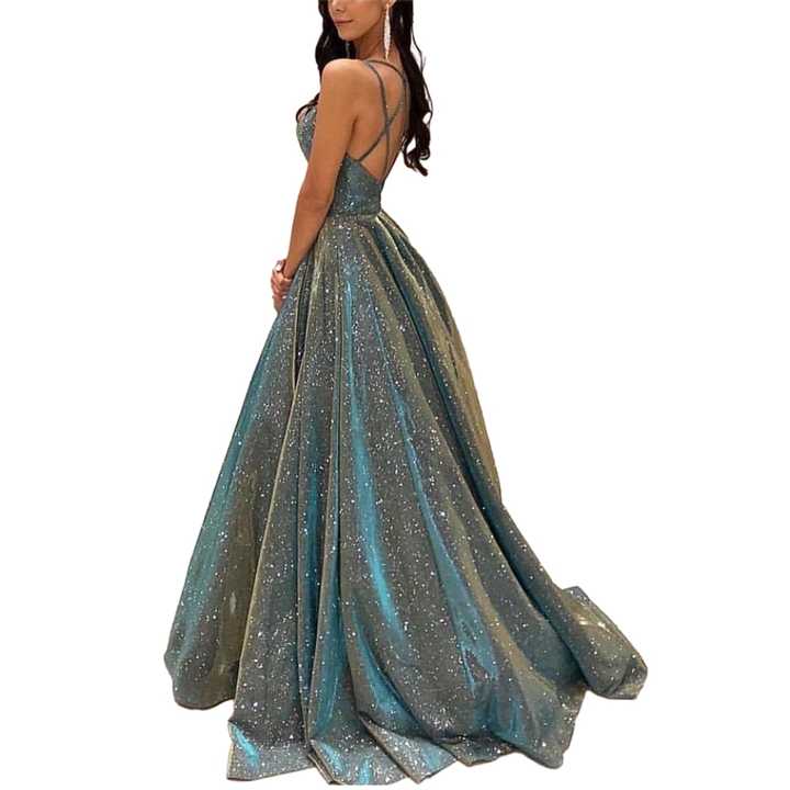 LONG SEQUIN V-NECKLINE SHEER BONED WAISTLINE SPAGHETTI STRAPS_G1656